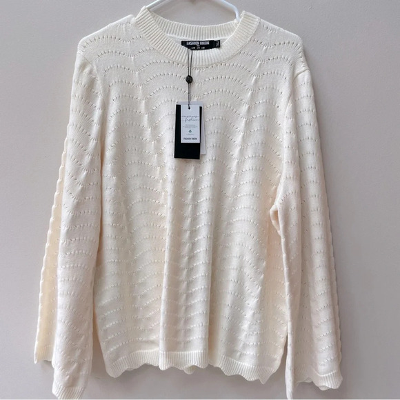 NWT Asos Fashion Union Women’s Cream Scallop Edge Pointelle Sweater Bell Sleeves - Picture 1 of 6